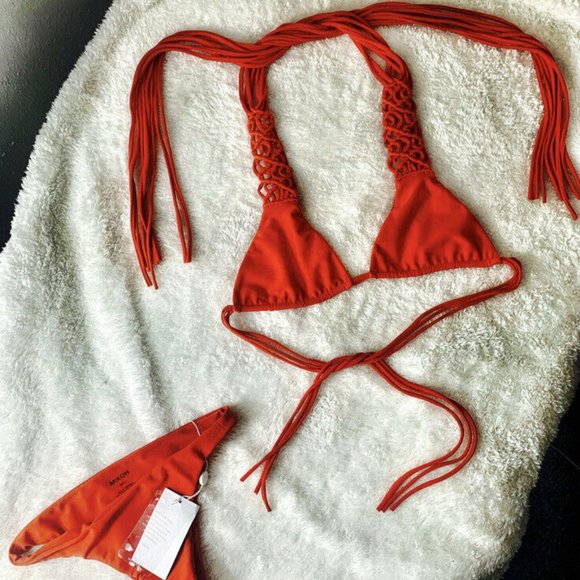 MIKOH Waipahu Triangle Multi String Bikini Swim Top Red Small NWOT - Picture 3 of 12